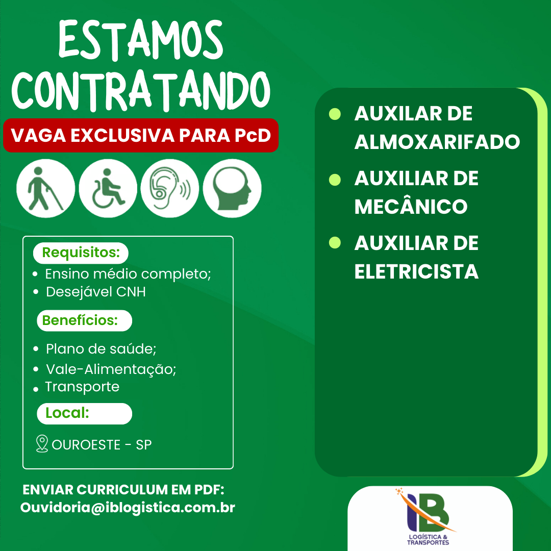 TEMOS VAGAS PARA OUROESTE SP (EXLUSIVAS PARA PcD)